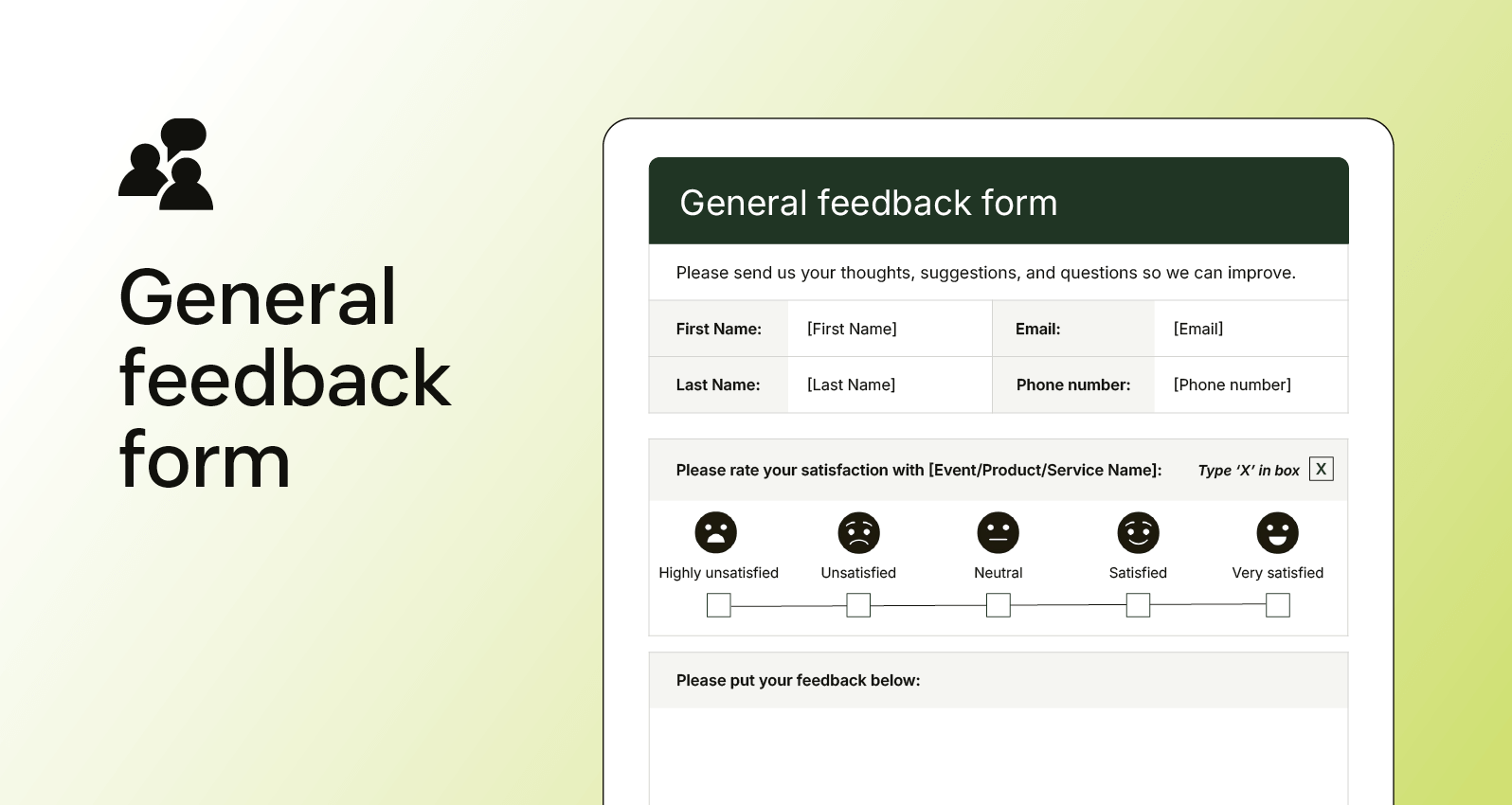 Screenshot of a general feedback form with contact fields, satisfaction ratings, and space for written comments.