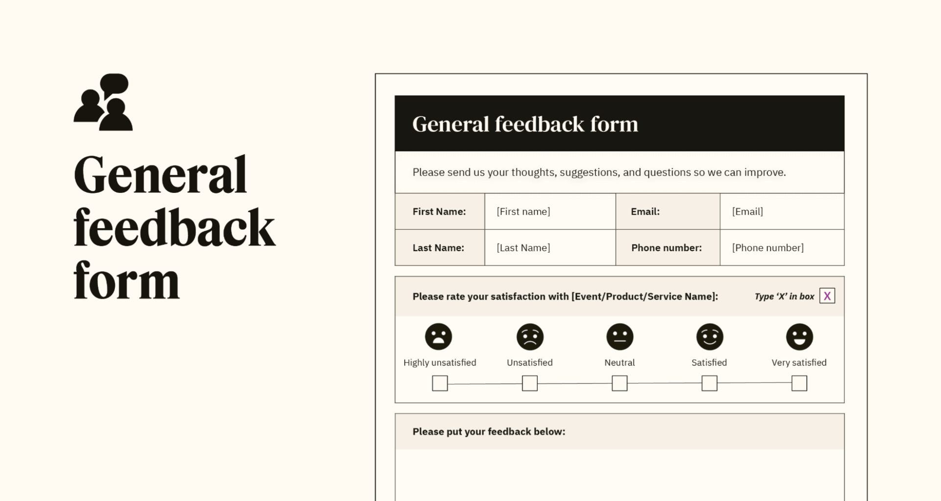 Un aperçu d’un modèle de formulaire de feedback général personnalisable.