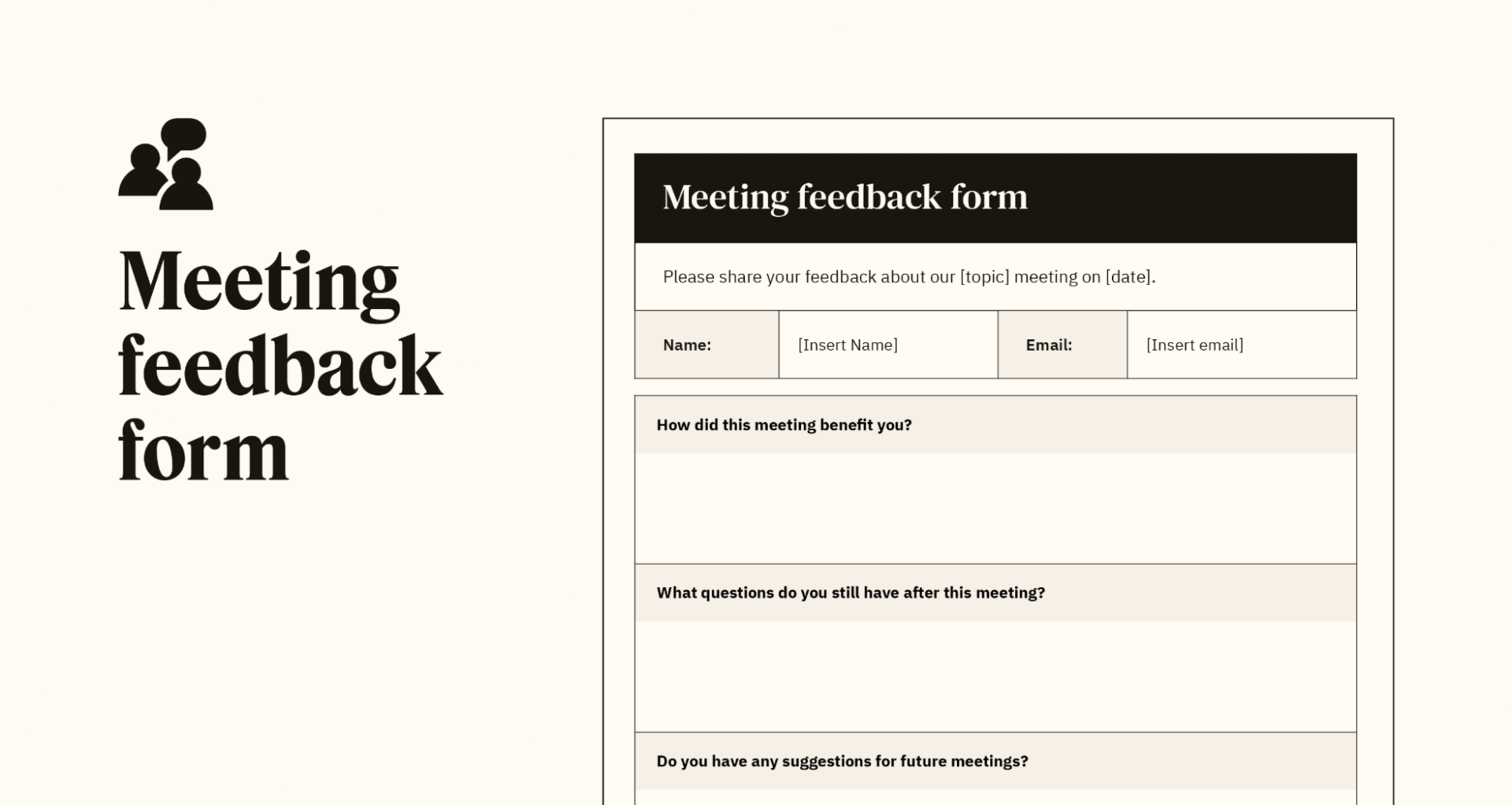 Un aperçu d’un modèle de formulaire de feedback de réunion personnalisable.