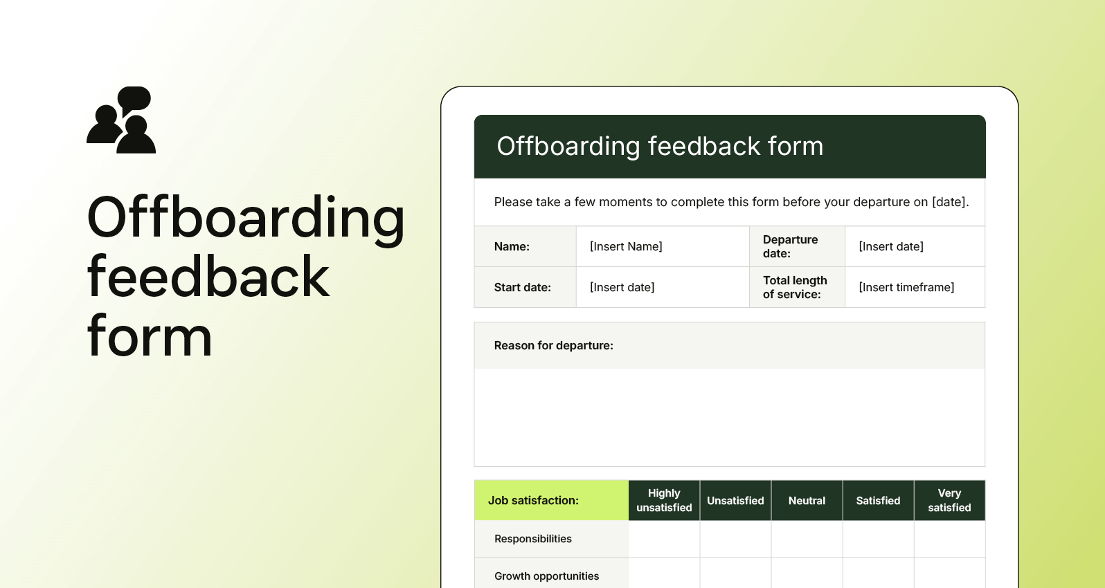 Screenshot of an offboarding feedback form rating job satisfaction, responsibilities, and career growth potential.