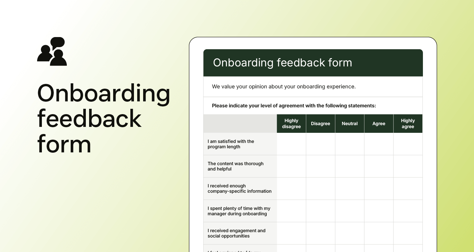 Screenshot of an onboarding feedback form rating program content, duration, and company-specific information.