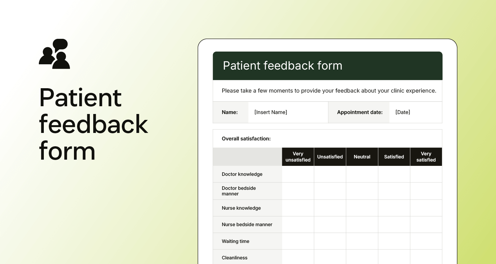 Screenshot of a patient feedback form rating overall care and providing space for comments about the experience.