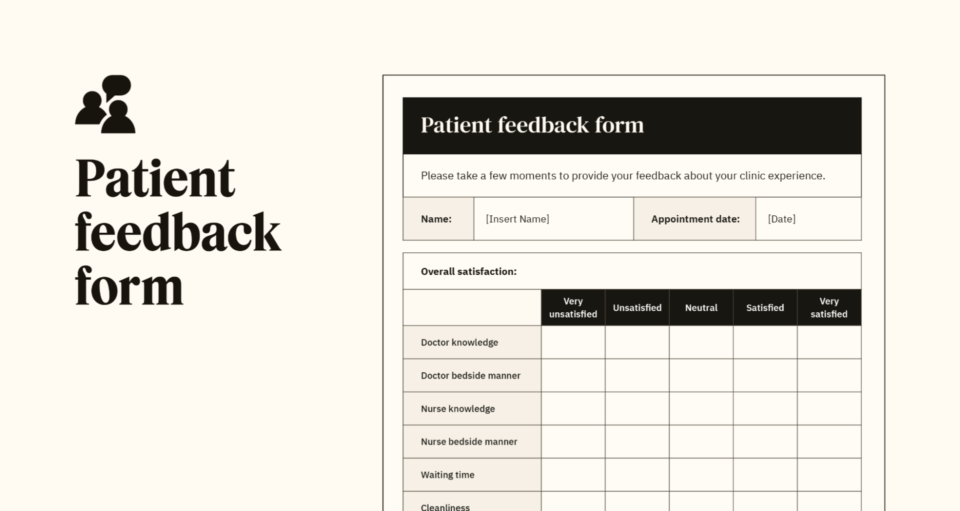 Un aperçu d’un modèle de formulaire de feedback patient personnalisable.
