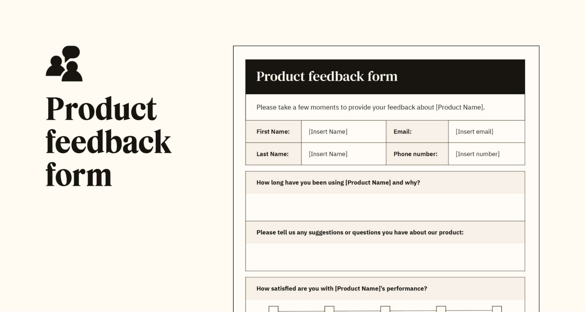 Un aperçu d’un modèle de formulaire de feedback produit personnalisable.
