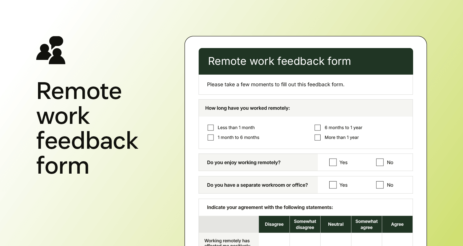 Screenshot of a remote work feedback form rating work-life balance, collaboration, and resource availability.