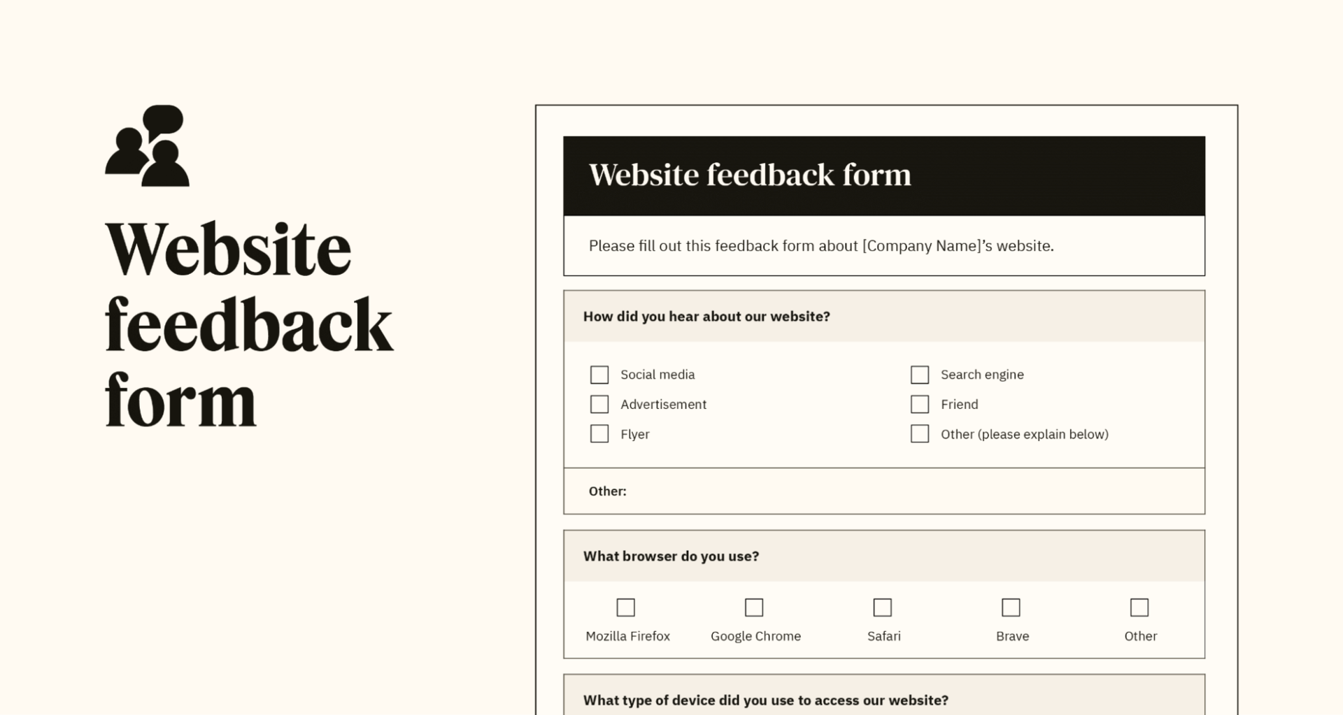 Un aperçu d’un modèle de formulaire personnalisable de feedback sur le site Web.