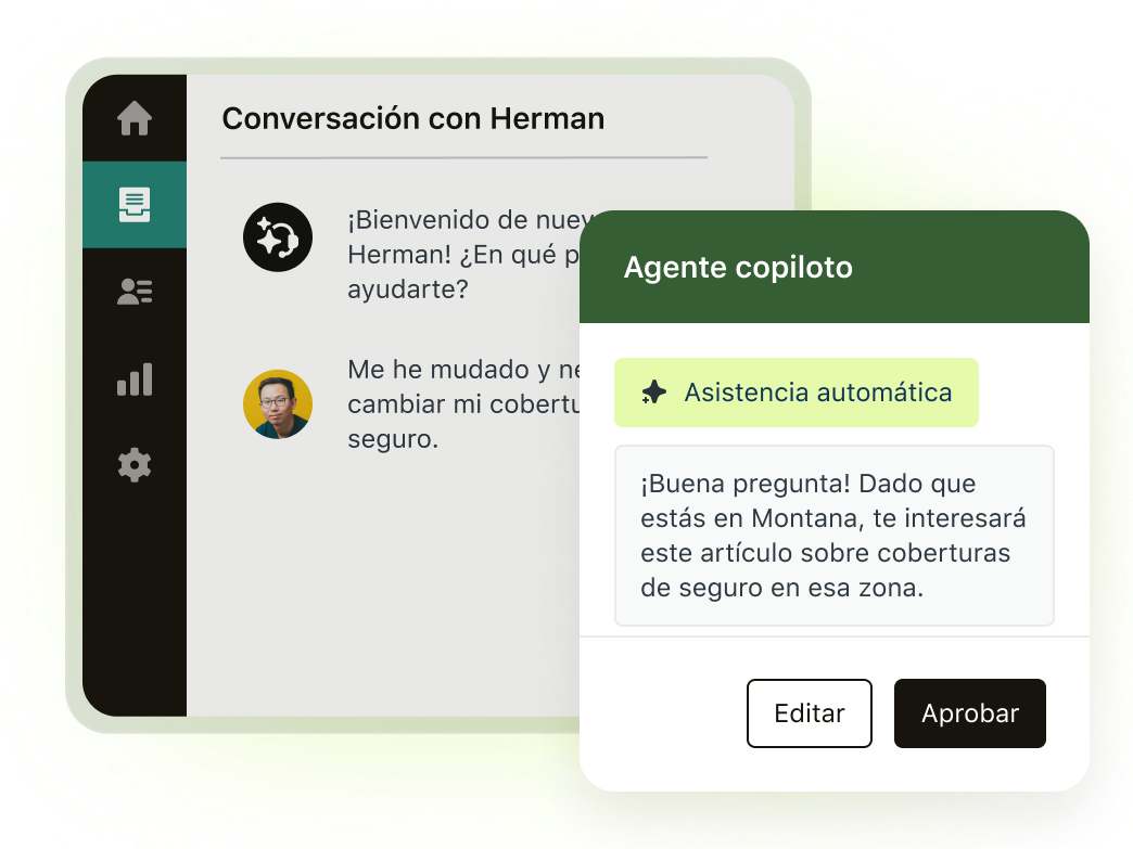 Una ilustración del agente copiloto recomendando una respuesta en un chat entre un agente y un cliente