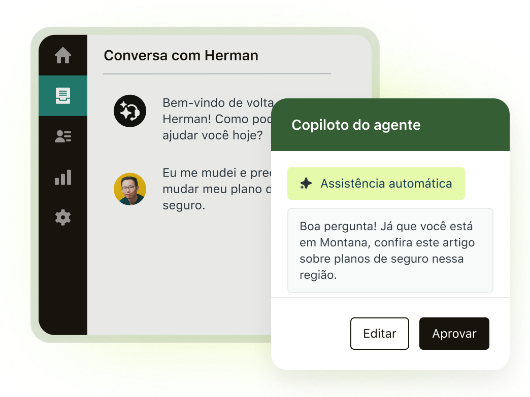 Uma ilustração do copiloto do agente recomendando uma resposta a um chat entre um agente e um cliente