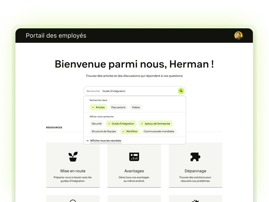 Capture d’écran d’un centre d’aide avec une requête dans la barre de recherche