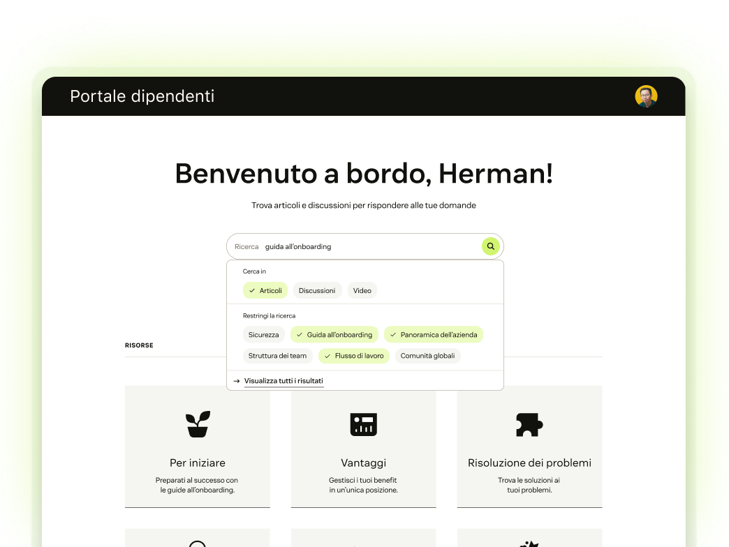 Schermata di un centro assistenza con una query inserita nella barra di ricerca