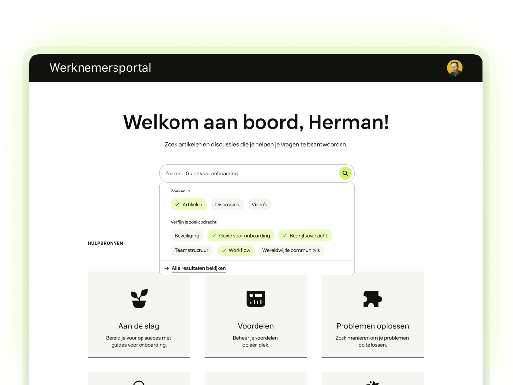 Screenshot van een helpcenter met een zoekopdracht die in de zoekbalk is ingevoerd