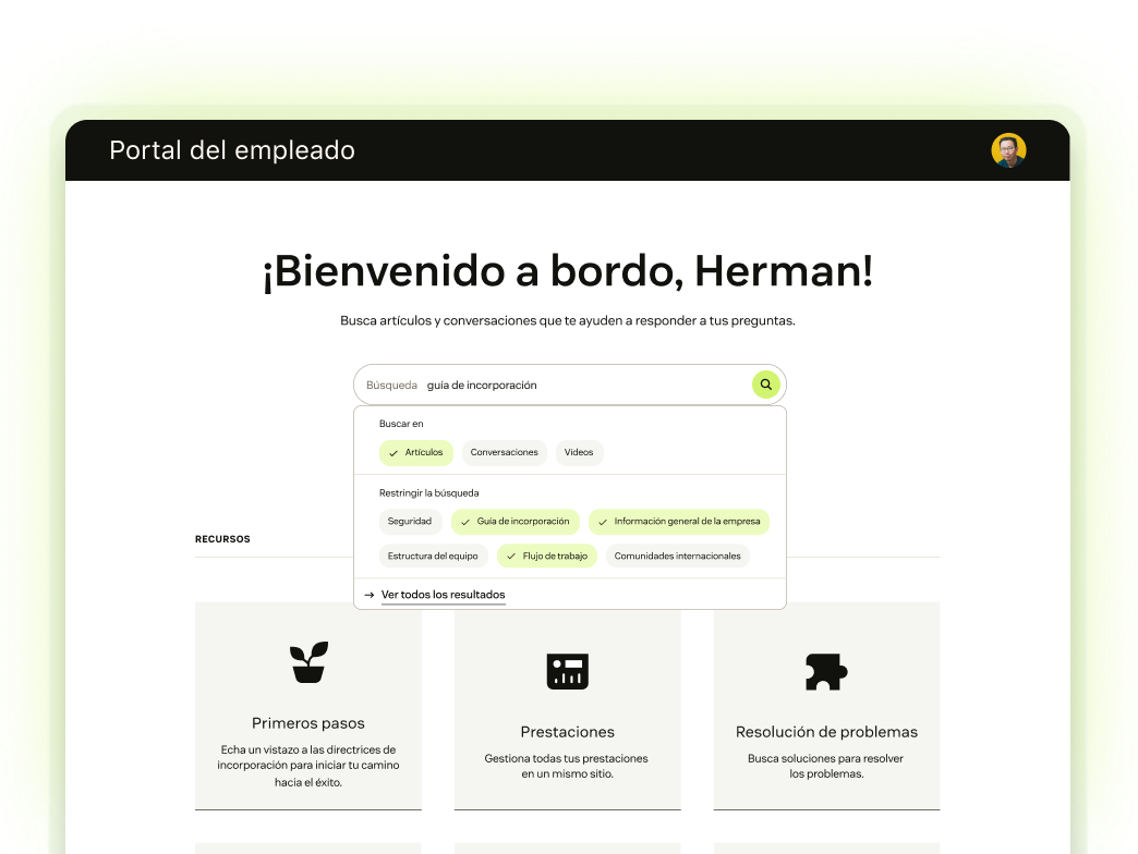 Captura de pantalla de un centro de ayuda con una consulta introducida en la barra de búsqueda