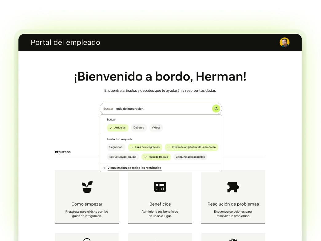 Captura de pantalla de un centro de ayuda con una consulta ingresada en la barra de búsqueda