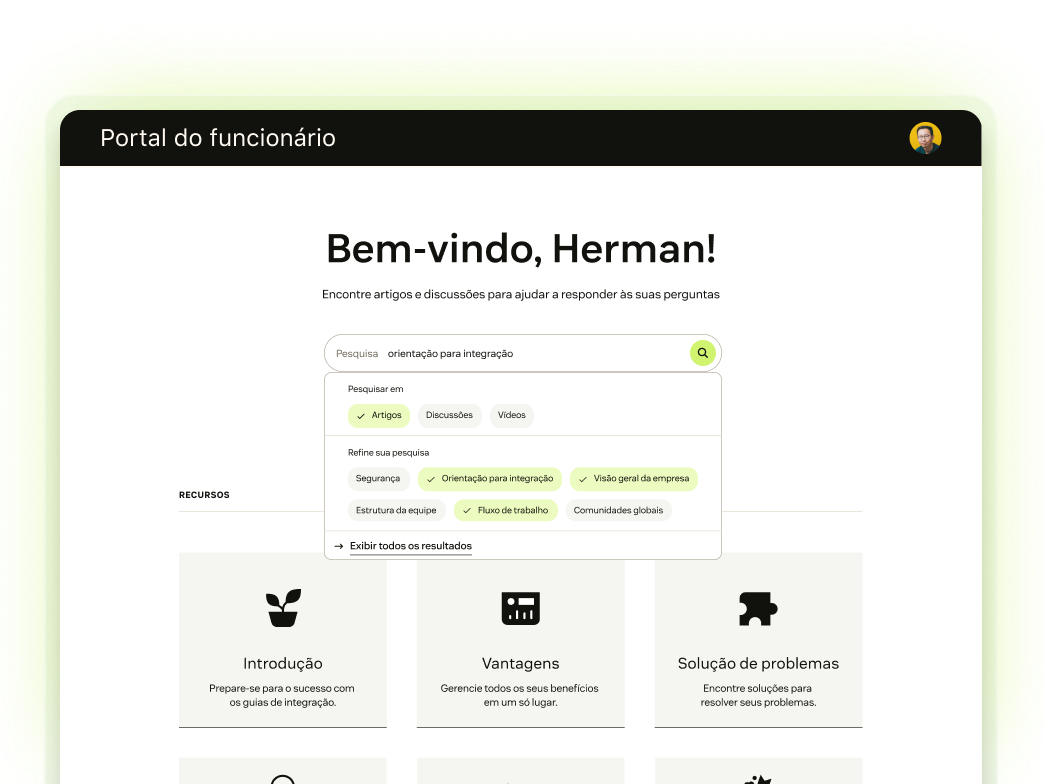 Captura de tela de uma central de ajuda com uma consulta inserida na barra de pesquisa