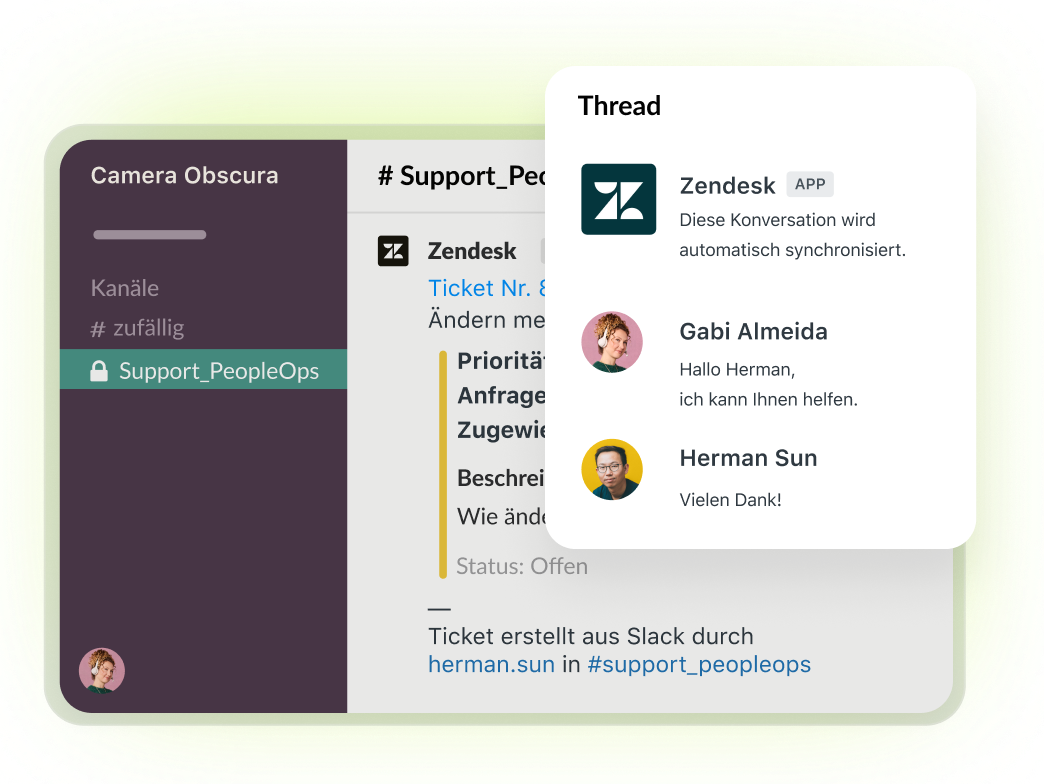 Screenshot of a ticket with a message thread overlaid