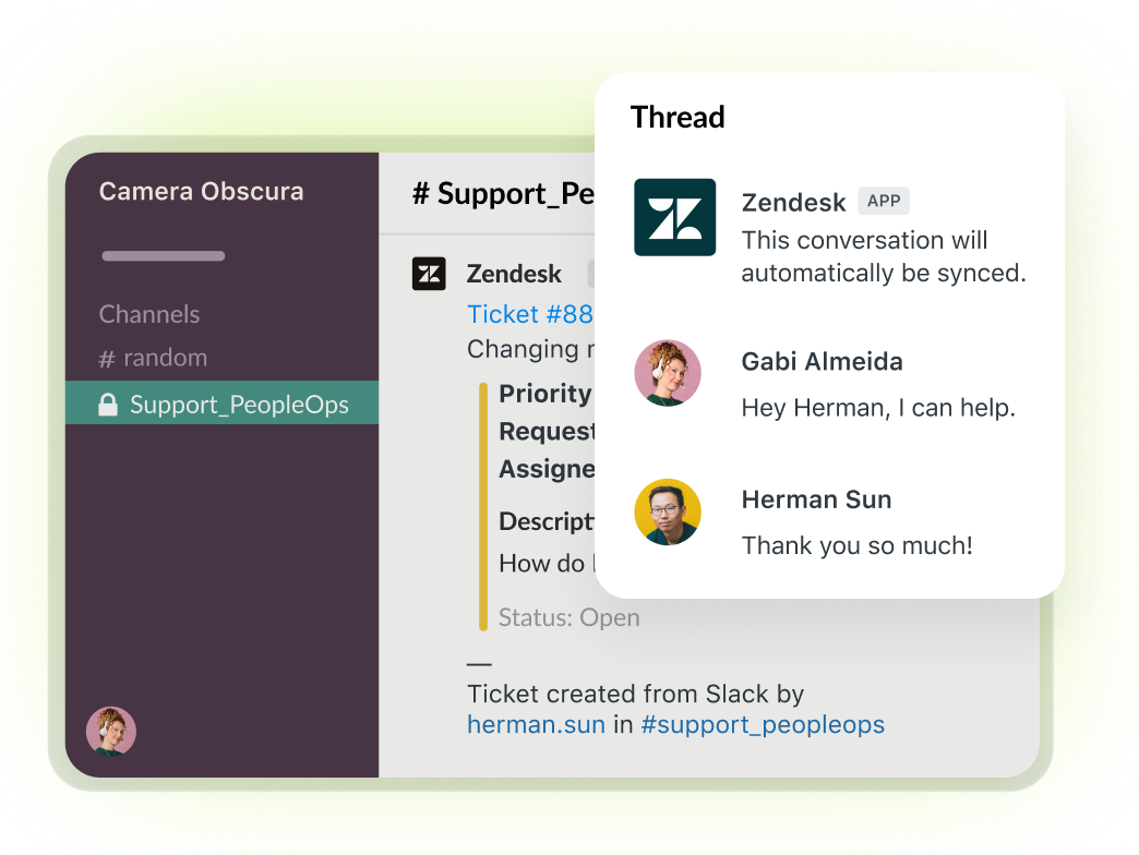 Screenshot of a ticket with a message thread overlaid
