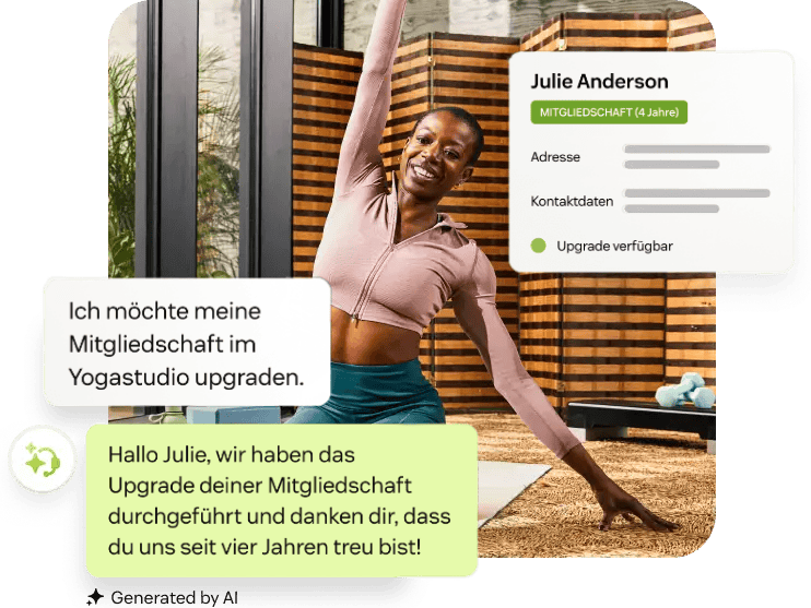 Frau macht Yoga, daneben Chat über Upgrade ihrer Mitgliedschaft mit persönlicher Antwort.
