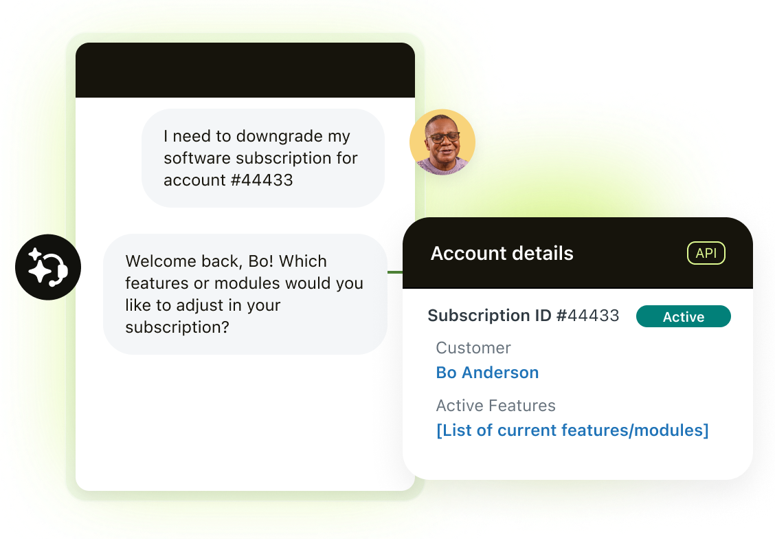 Chat with Bo requesting software downgrade; account details show subscription ID, customer name, and active features.