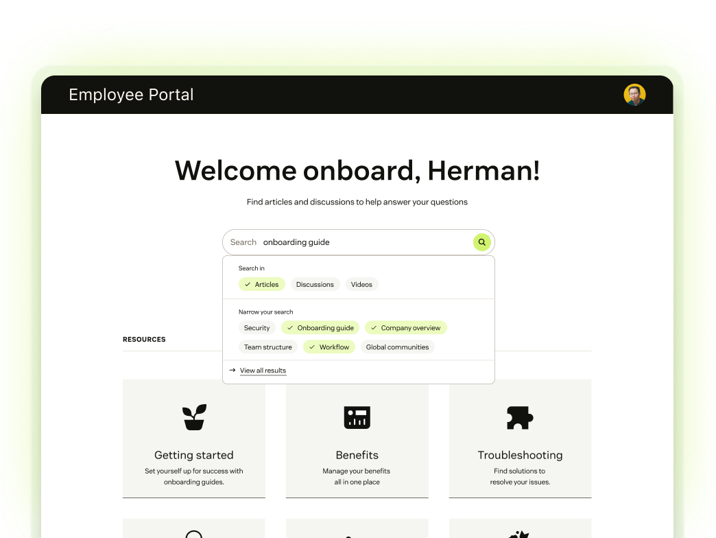 Employee portal welcome page for Herman with search bar filtering onboarding guide and resource categories.