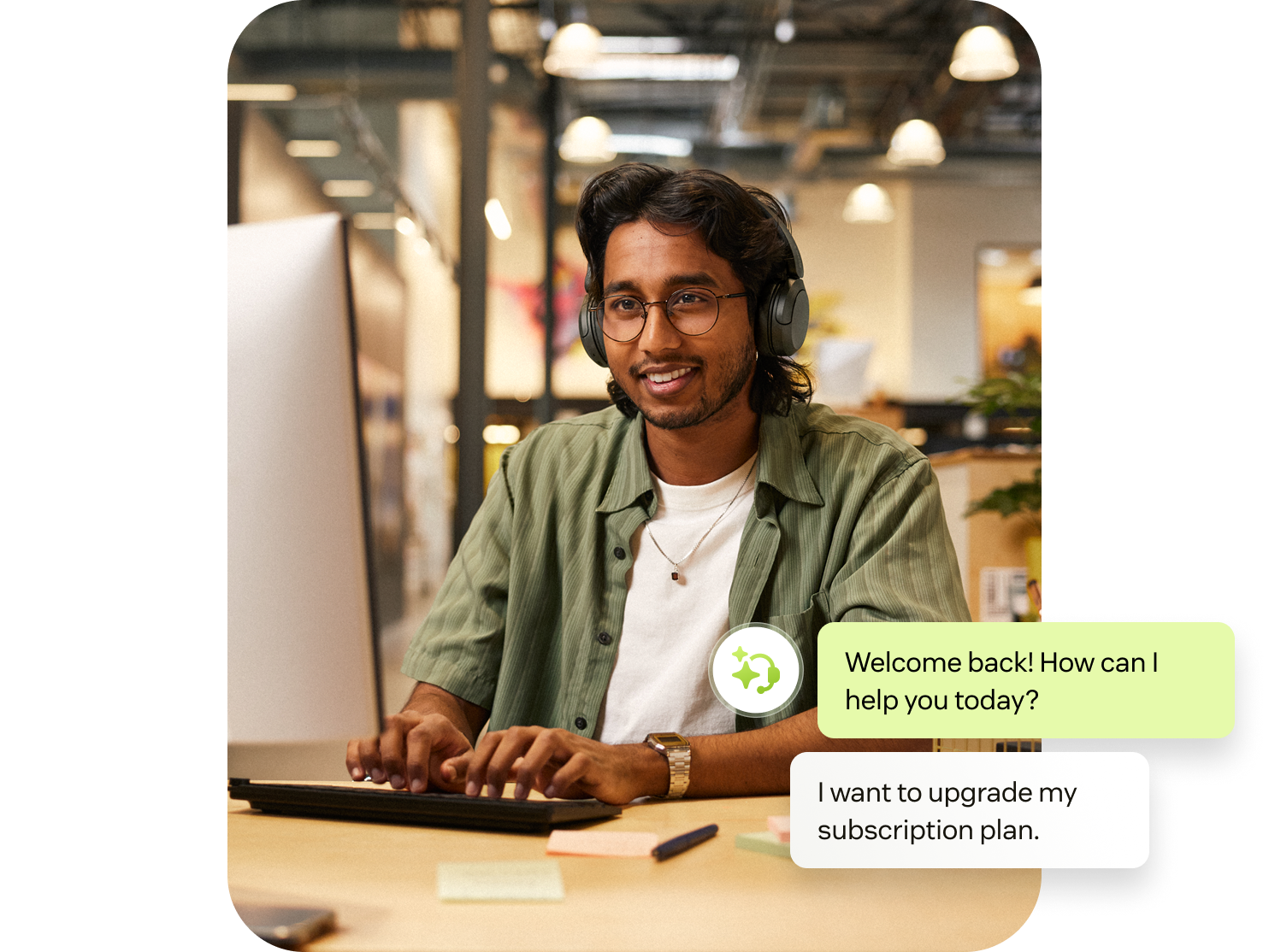 Man wearing headphones typing on a keyboard, chatting with an AI assistant about upgrading his subscription plan.  