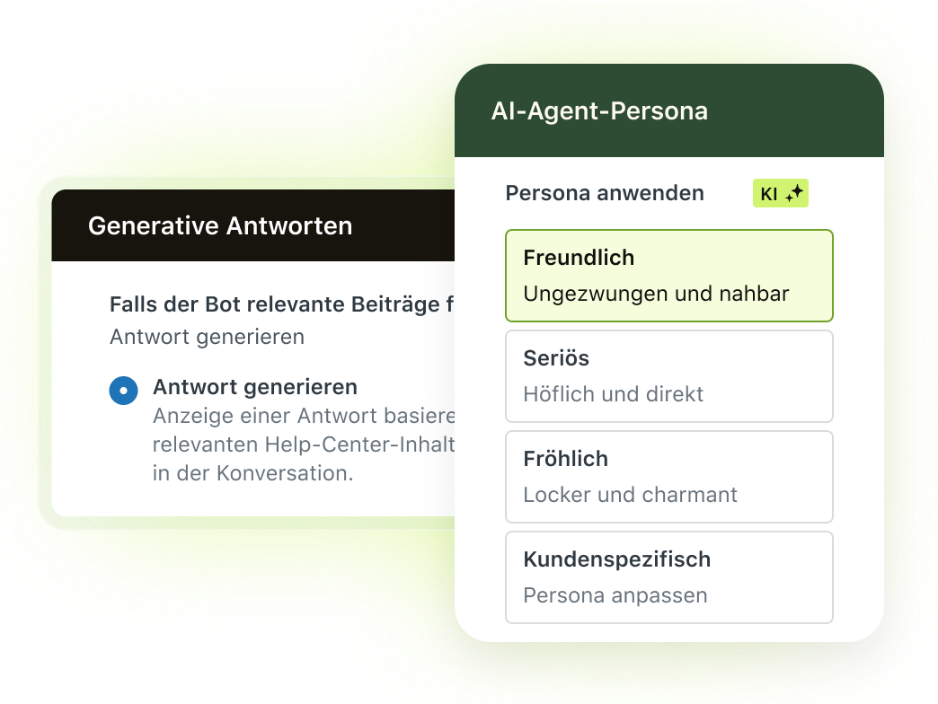 AI Agent Persona-Optionen: Freundlich, professionell, verspielt oder individuell angepasst.