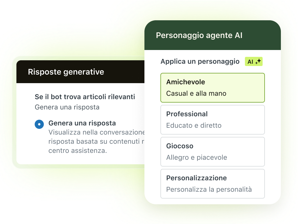 Impostazioni per gli agenti AI: cordialità, professionalità, gentilezza e personalizzazione.