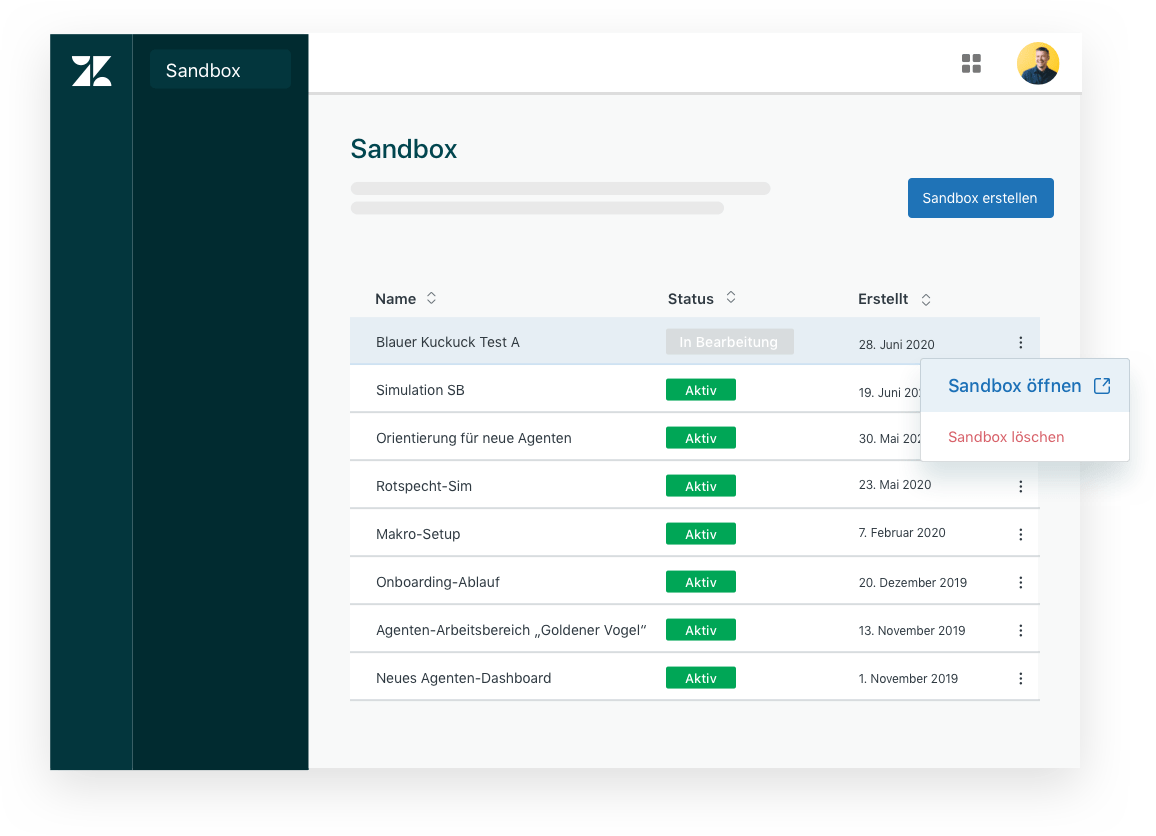 Sandbox-Produkt-UI