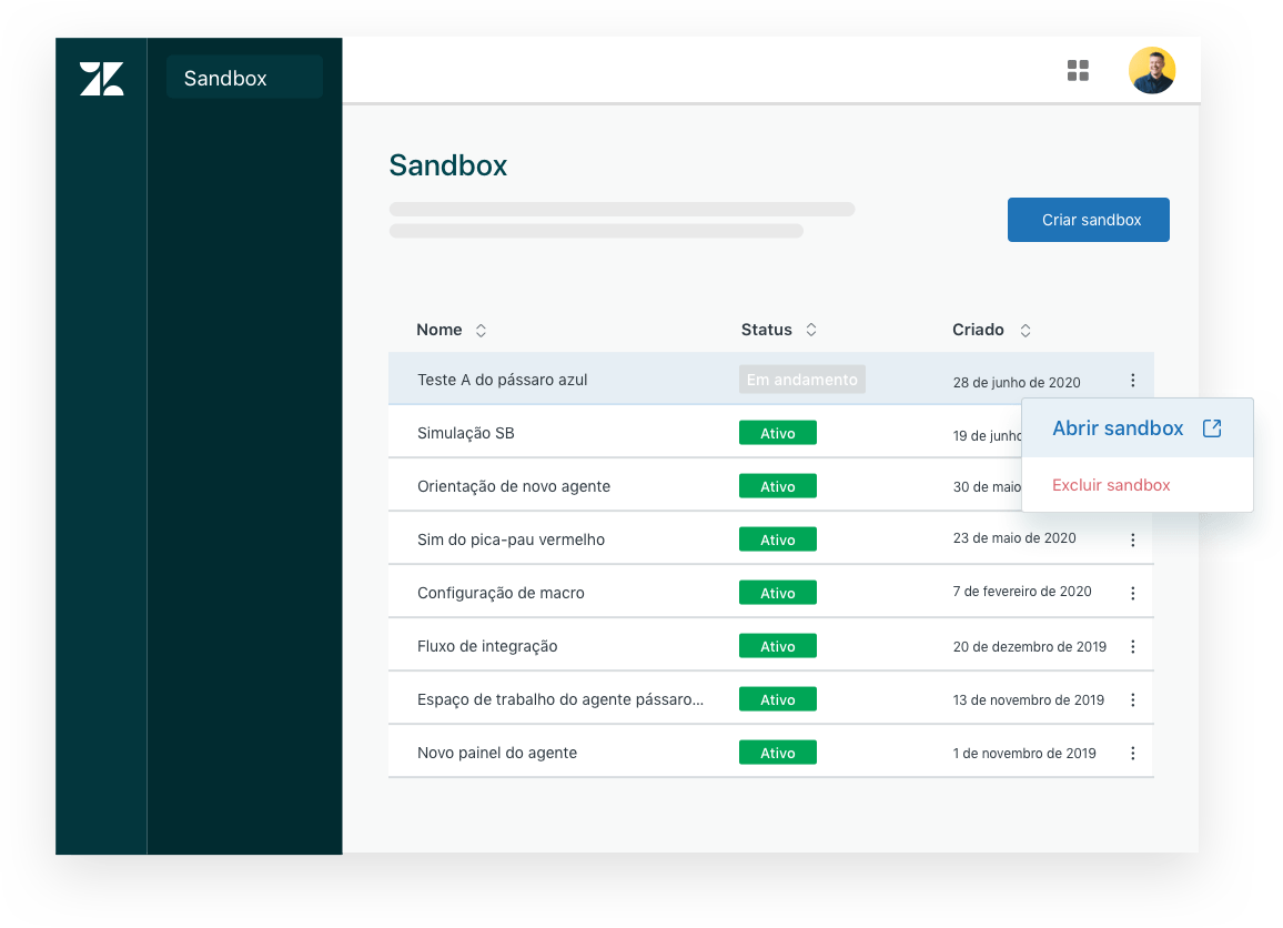 Interface do usuário do produto na Sandbox